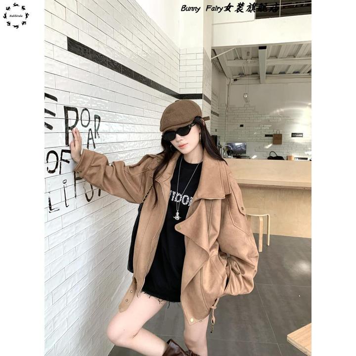 美式复古高级感麂皮绒外套2025秋季新款宽松休闲夹克机车服上衣女