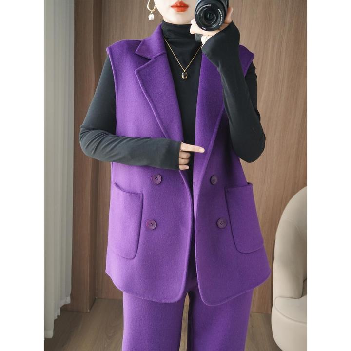 韩版简约双面羊毛马甲女秋冬新款西装领宽松无袖坎肩纯羊毛呢背心