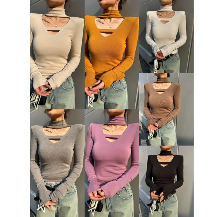 春季新款设计感针织镂空长袖打底衫女辣妹内搭显瘦恤上衣