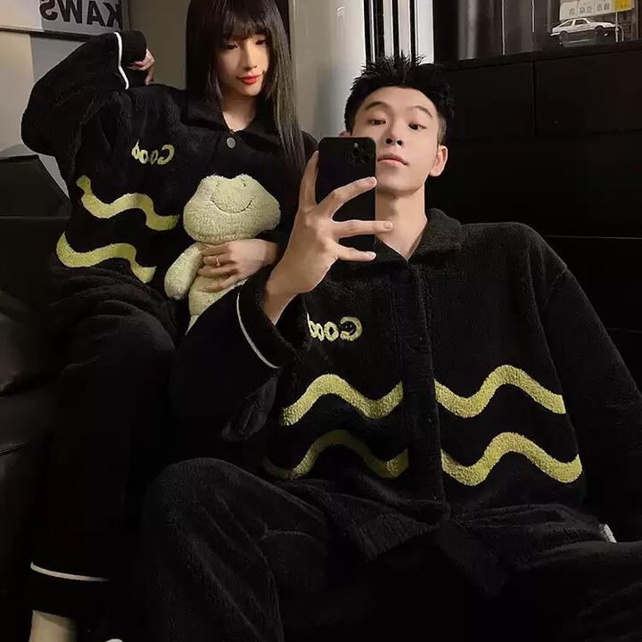 珊瑚绒情侣睡衣女秋冬季加厚保暖法兰绒男士简约可外穿家居服套装
