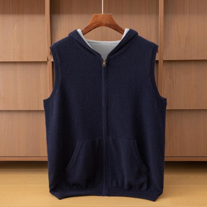 100%山羊绒男士两面穿连帽羊绒马甲加绒加厚背心保暖外穿秋冬无袖