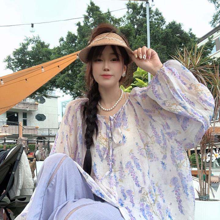 802法式宽松花色百搭夏季薄款衬衫上衣