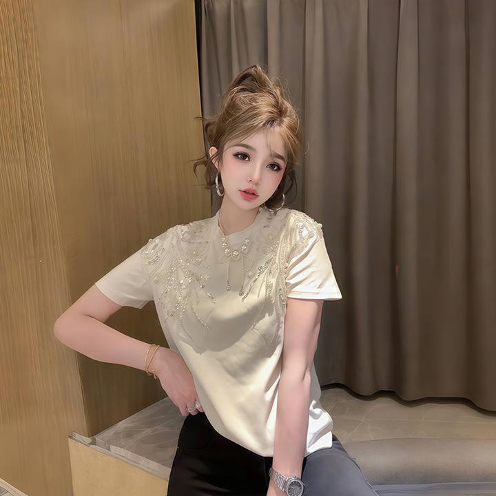 夏季薄款显瘦重工短袖千金风T恤耐磨亮片镶钻时尚百搭气质半袖女