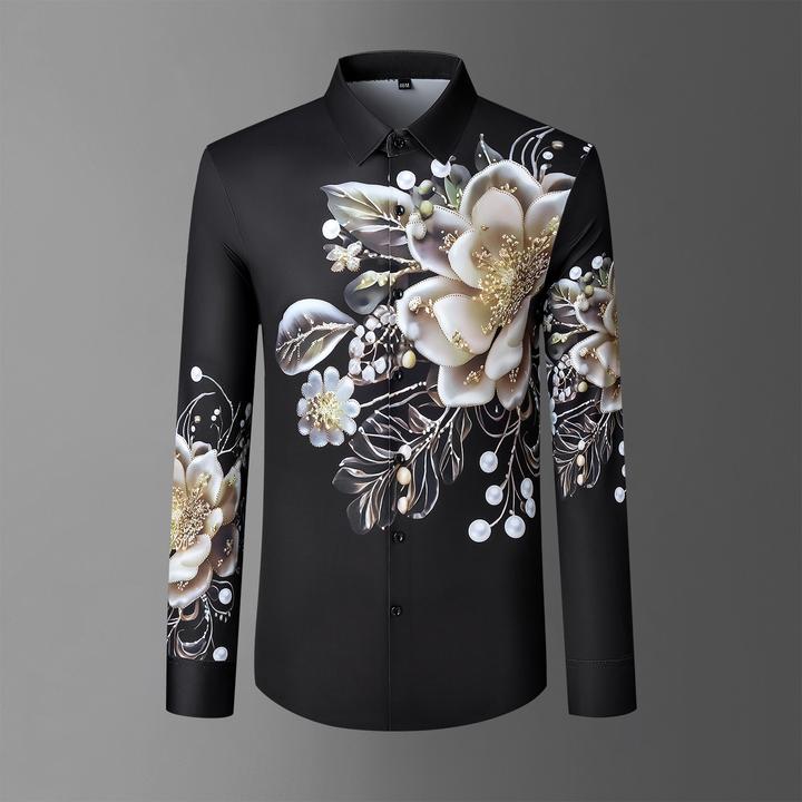 男士长袖衬衫免烫抗皱3D印花烫钻帅气时尚个性黑色高弹力休闲衬衣