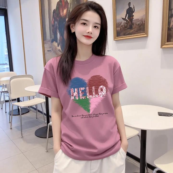 高含棉时髦圆领短袖t恤女士2025年夏季新款洋气减龄百搭印花上衣