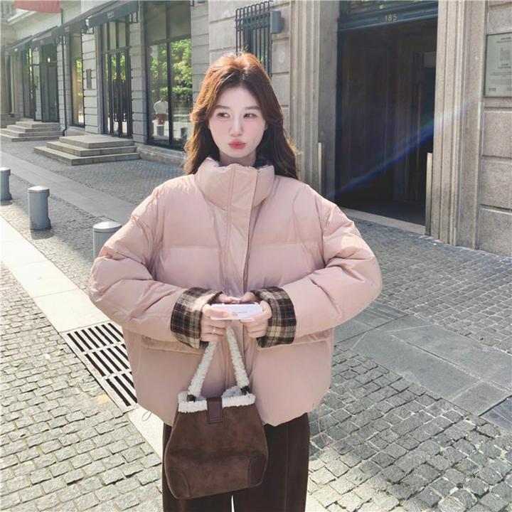 格纹羽绒服短款2024冬新款女面包服外套学生百搭韩系小个子超好看