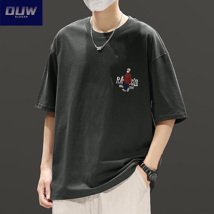 O.U.W夏季薄款休闲运动短袖男士潮流宽松圆领套头半袖纯棉刺绣t恤