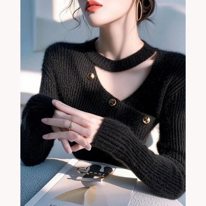 法式高级感黑色内搭针织打底衫女秋冬韩系设计感chic镂空修身毛衣