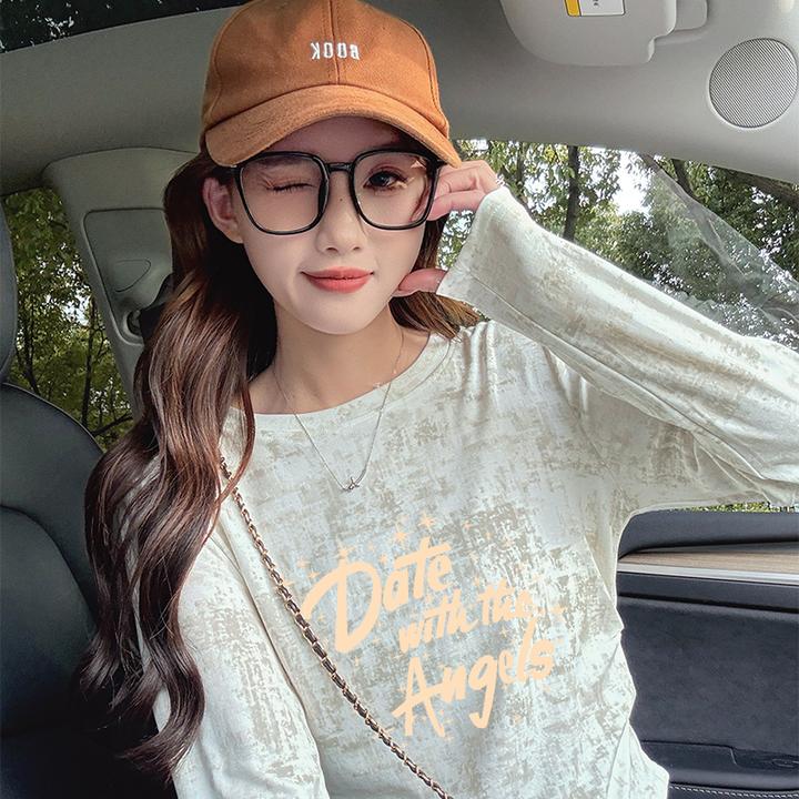 美式复古扎染长袖T恤打底衫女秋季韩版修身显瘦褶皱收腰上衣ins潮