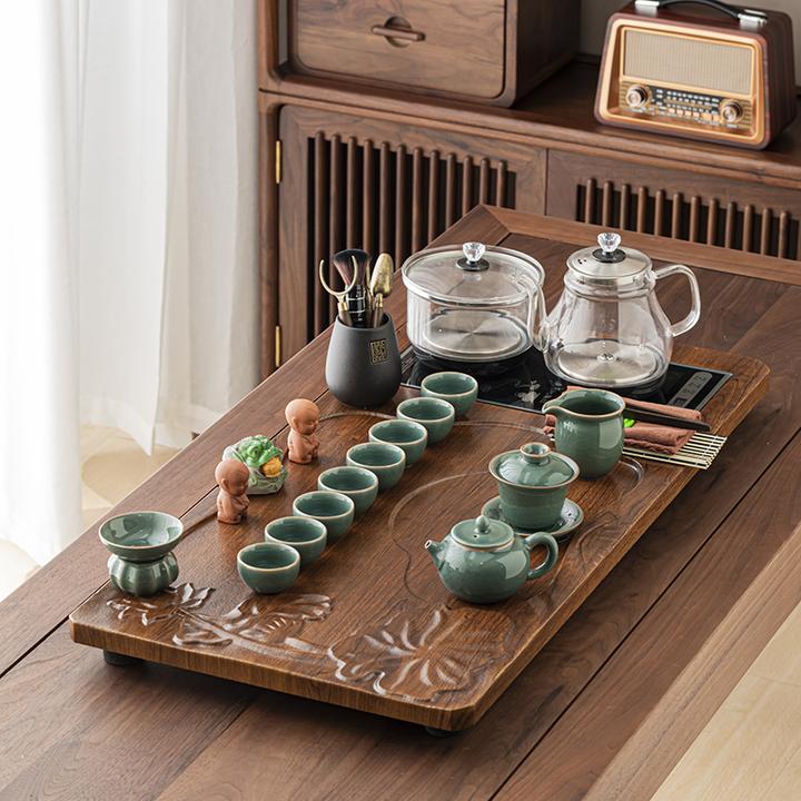 陶瓷茶具套装家用客厅简约实木茶盘烧水壶整套一体功夫茶海全自动