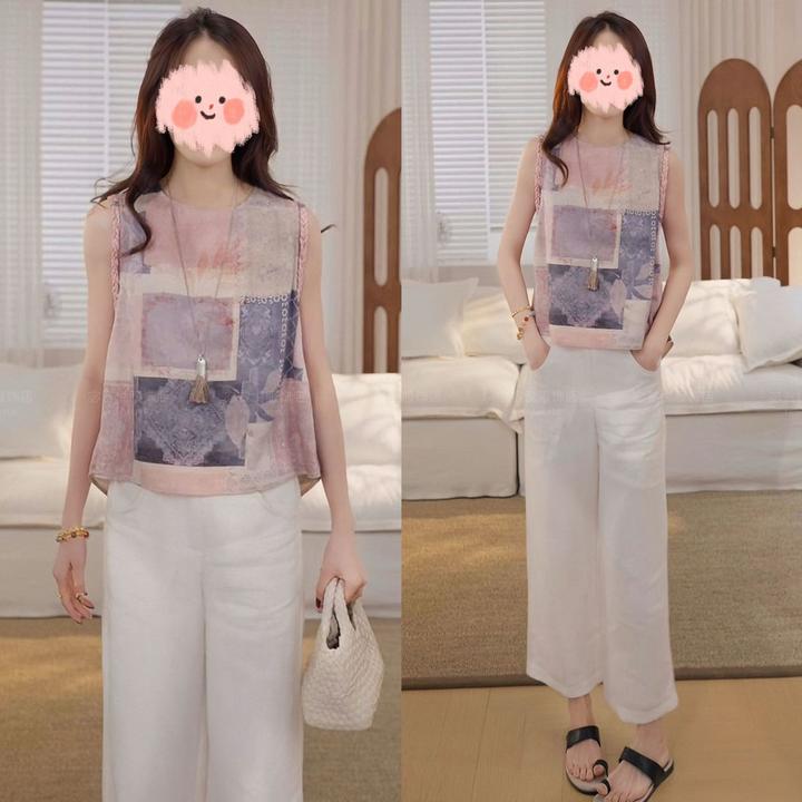 老钱风松弛感女装2025夏季文艺油画撞色背心显瘦休闲裤气质套装女