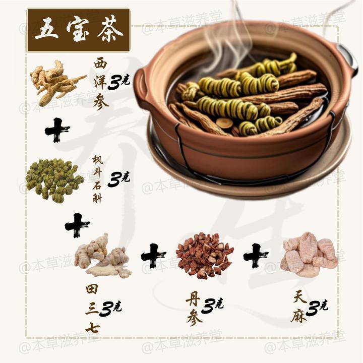 【五宝茶】三七西洋参石斛天麻丹参黄金搭配泡茶煮水滋补养身