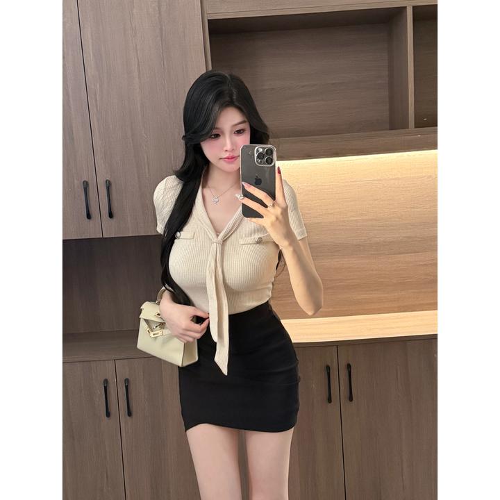 迈沃格夏季韩系设计感气质上衣法式小香风亮丝飘带秘书通勤上衣