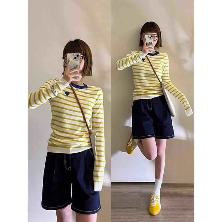 春季2025黄色条纹针织长袖撞色修身设计感内搭甜辣风打底衫女上衣