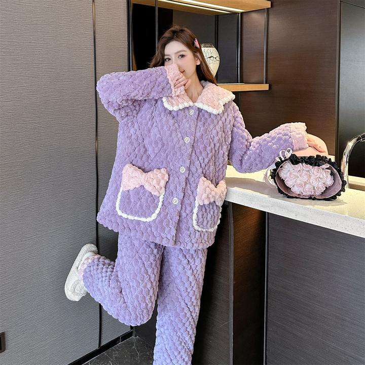 女士秋冬季加绒加厚保暖睡衣三层夹棉甜美翻领长袖紫色家居服套装