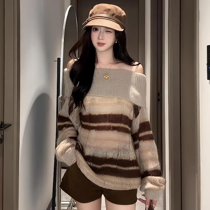 韩系穿搭撞色条纹一字肩毛衣女2025秋冬新款高级感遮肉显瘦针织衫