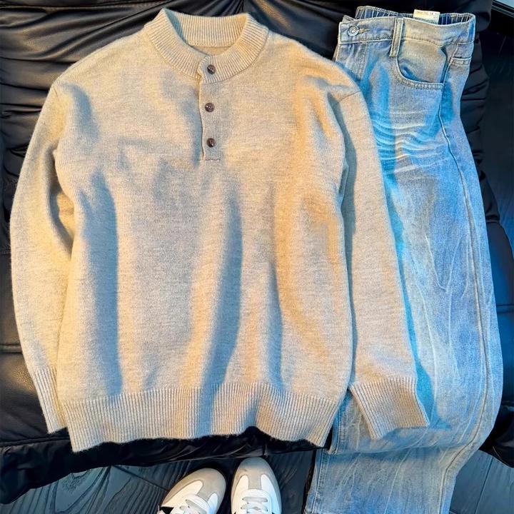 花灰色亨利领毛衣男款秋冬美式慵懒风针织衫松弛感内搭加厚打底衫