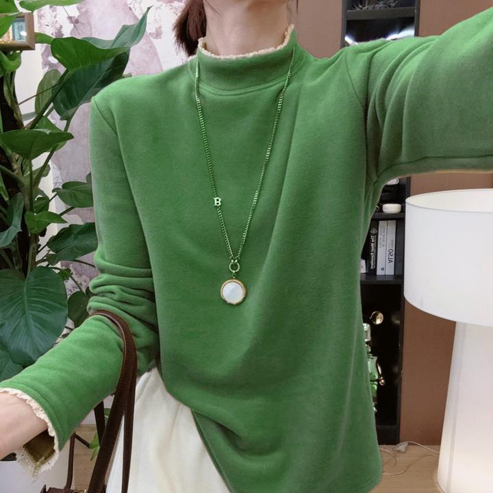 蕾丝拼接打底衫女内搭秋冬新款保暖加厚洋气半高领德绒假两件t恤