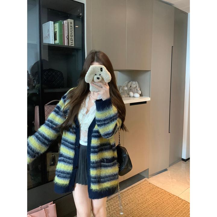 慵懒风高级感条纹马海毛针织开衫女新款秋冬韩版小众气质毛衣外套