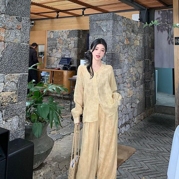 大码胖mm长袖防晒上衣套装女春夏新中式休闲衬衣吊带阔腿裤三件套