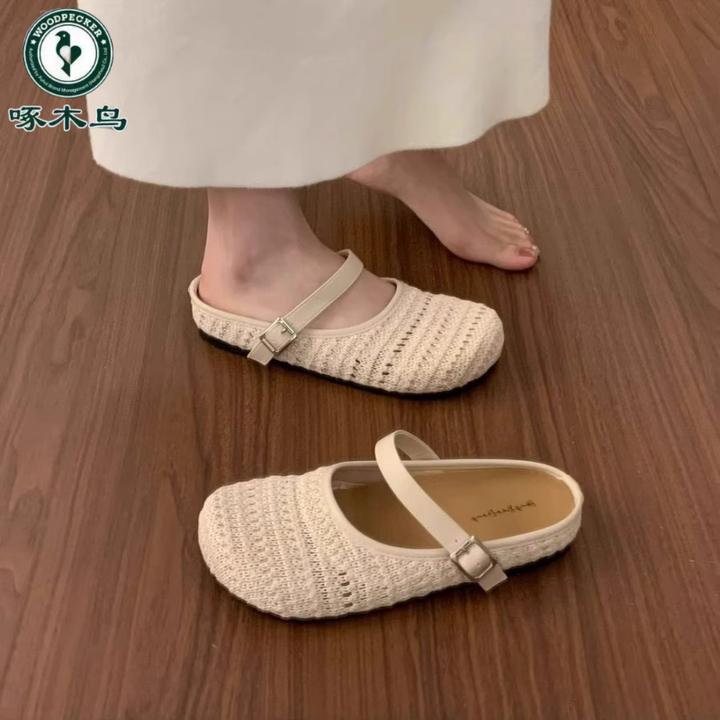 啄木鸟复古编织包头半拖鞋女夏外穿2025新款拖鞋女一脚蹬厚底半拖
