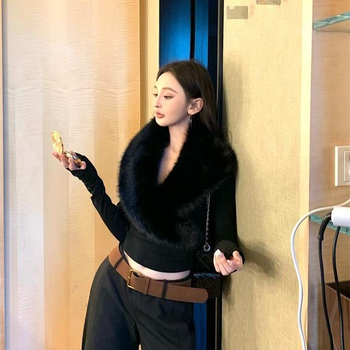 交叉冬季高级秋冬白色感收毛领T恤修身显瘦辣妹气质打底上衣长袖