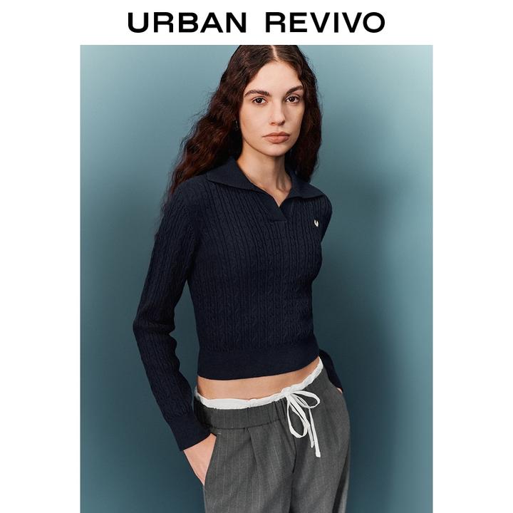 UR2026春季新款女装复古学院绞花刺绣针织衫UYY950089+