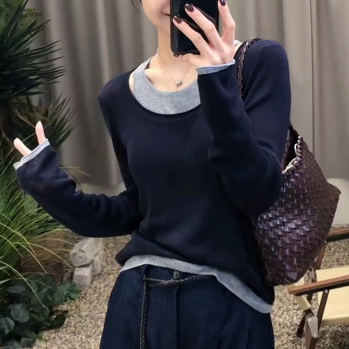 2025秋季新款女假两件长袖T恤修身显瘦洋气内搭打底针织衫上衣