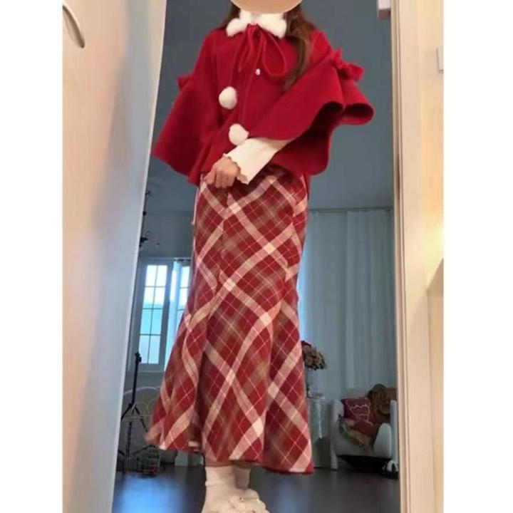 2025秋冬复古韩系新年穿搭氛围感减龄披肩上衣百搭半身裙两件套潮