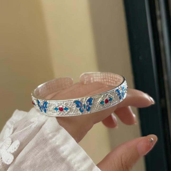 足银999珐琅彩蝴蝶银手镯女实心开口心经复古手环国风时尚生日礼