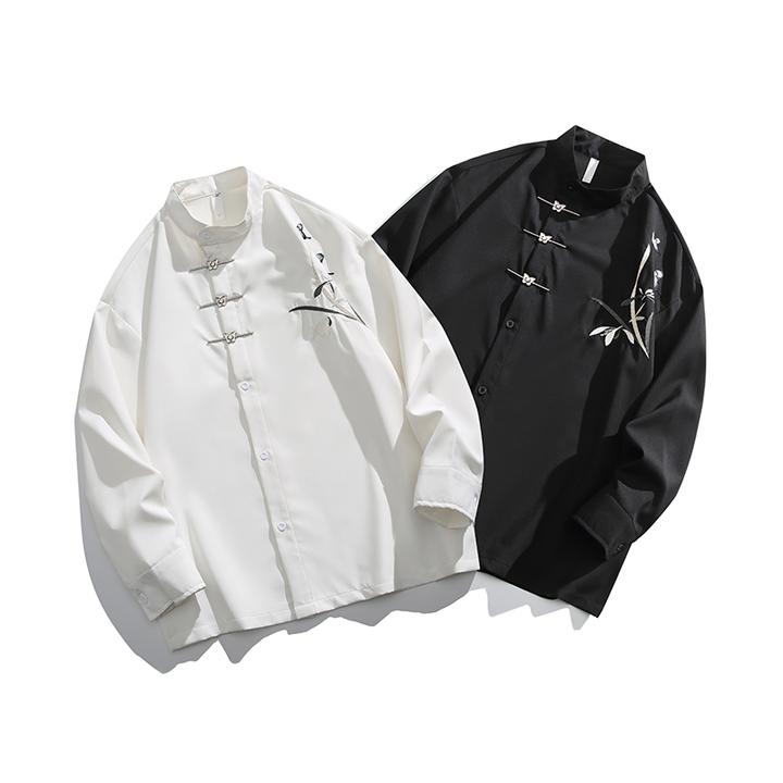 新中式黑色衬衫男长袖春秋新款潮牌痞帅高级感男士衬衣休闲复古