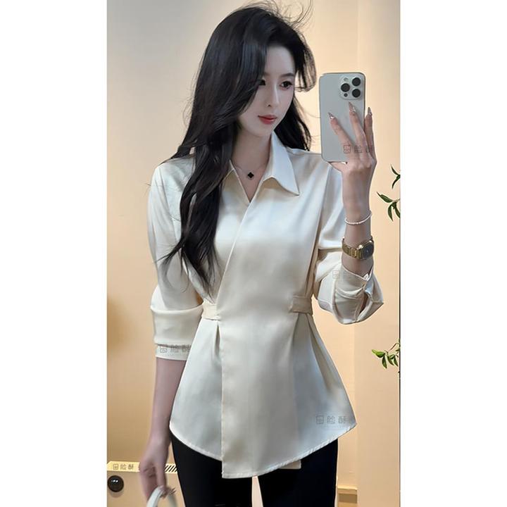 【洛斯心事】2025年春季新款法式设计感V领交叉绑带收腰显瘦衬衫