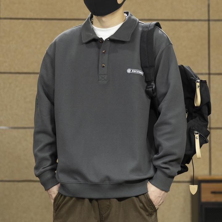 重磅纯棉美式POLO衫男士卫衣秋冬新款加绒上衣宽松翻领长袖衫