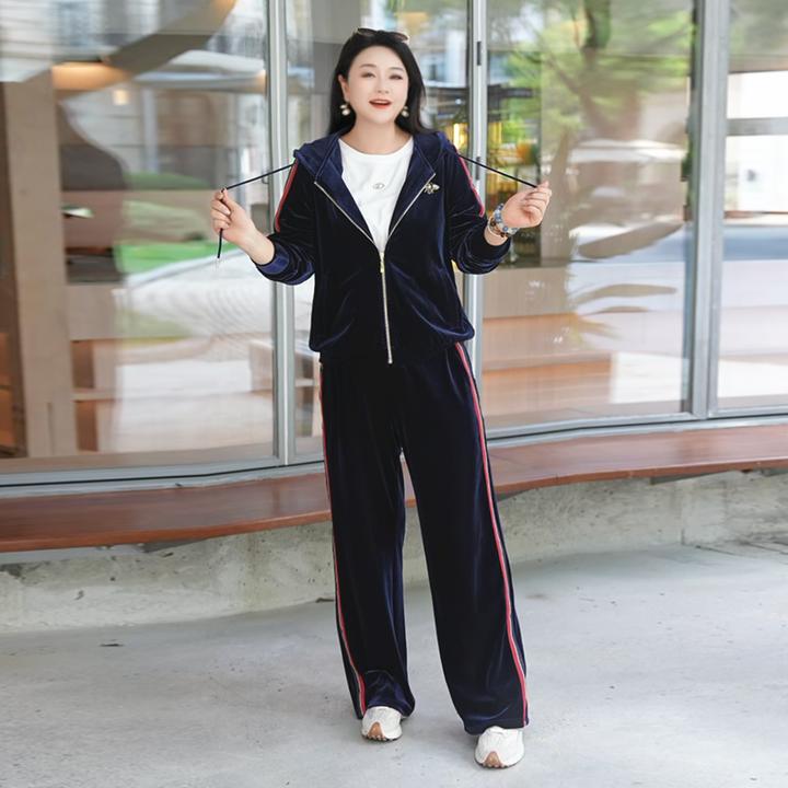 MsShe大码女装秋装休闲烫钻丝绒连帽外套背心阔腿裤T~B2509050