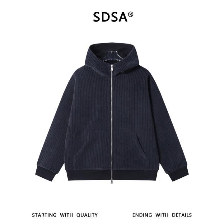 SDSA男士秋冬新款痞帅男装潮牌简约绒毛竖纹拉链立领连帽卫衣百搭