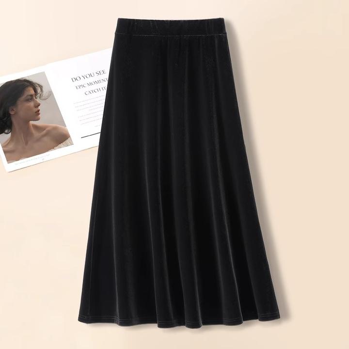 拉夏贝尔黑色金丝绒气质半身裙2024女秋冬新款绝美中长款a字伞裙