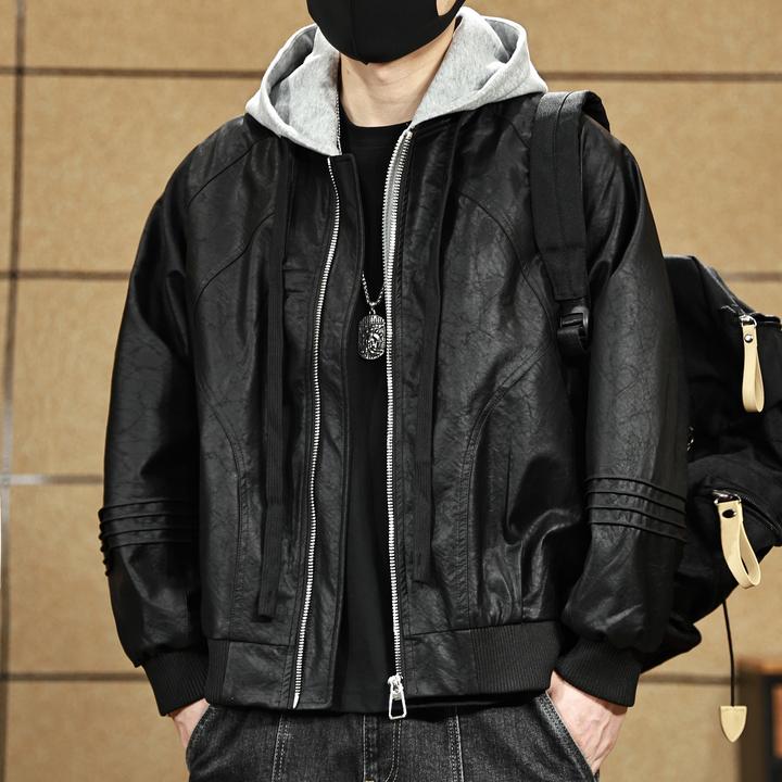 春秋季新款连帽假两件工装外套男高级感痞帅机车PU皮衣夹克情侣款