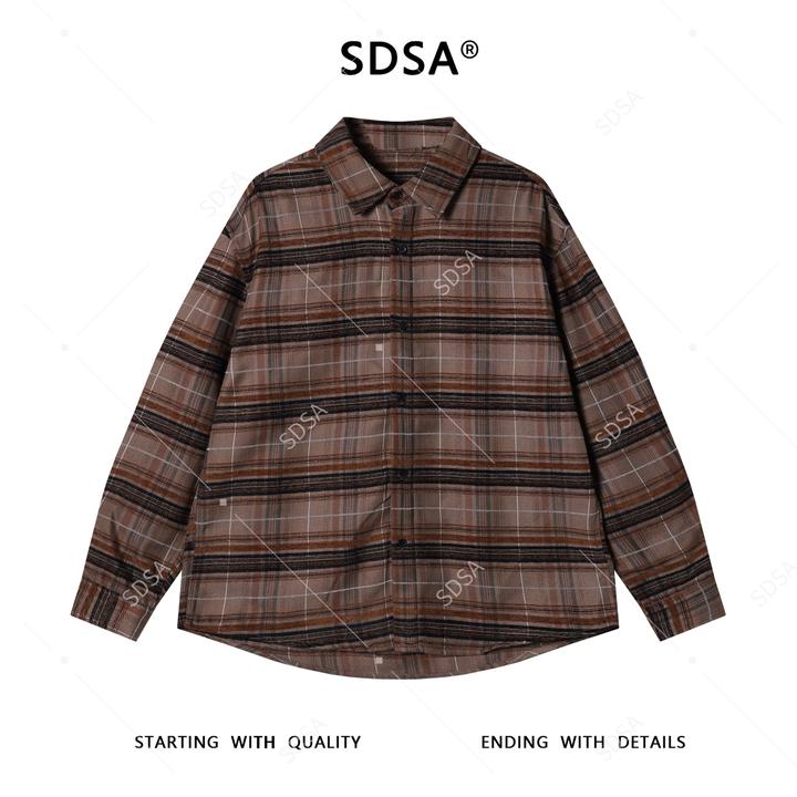 SDSA男士秋冬新款痞帅男装美式复古撞色格纹翻领长袖T恤时尚衬衣