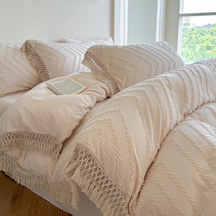 公主风立体剪花水洗棉四件套轻奢春秋款流苏花边被套床单床笠款