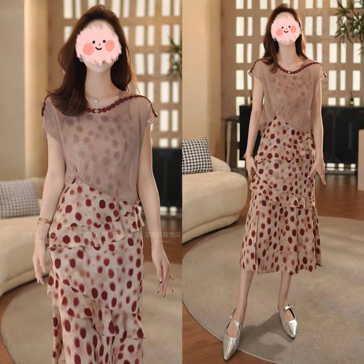 夏季新款波点短袖罩衫上衣高腰显瘦遮肉连衣裙气质套装洋气衣服女