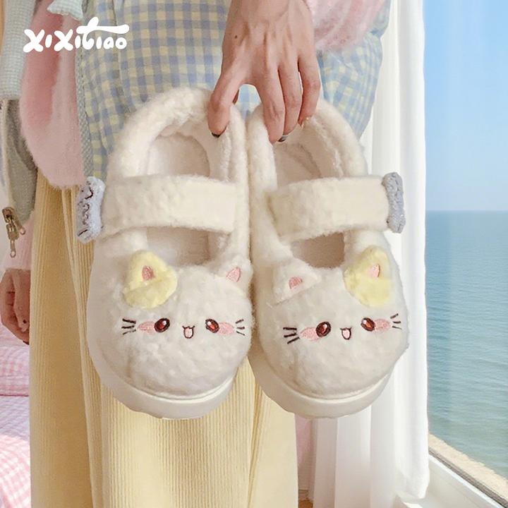 细细条魔术贴防滑软萌棉鞋玛丽珍豆豆鞋可爱小猫lolita鞋女士冬