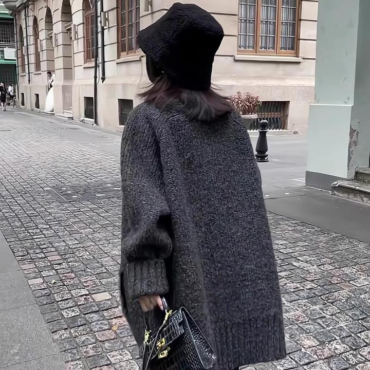 法芬图粗针织毛线毛衣开衫女2025秋冬季新款宽松显瘦针织灰色外套
