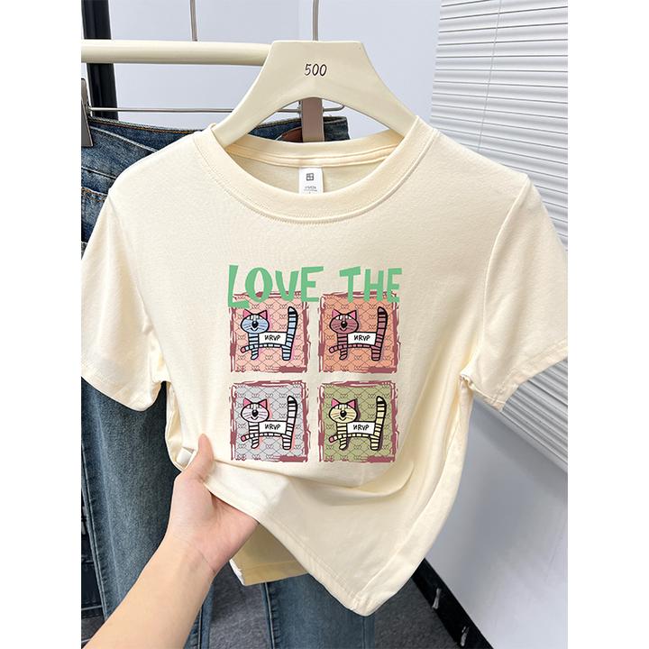 韩版小个子圆领洋气印花短袖T恤女春夏季2025新款正肩显瘦上衣ins