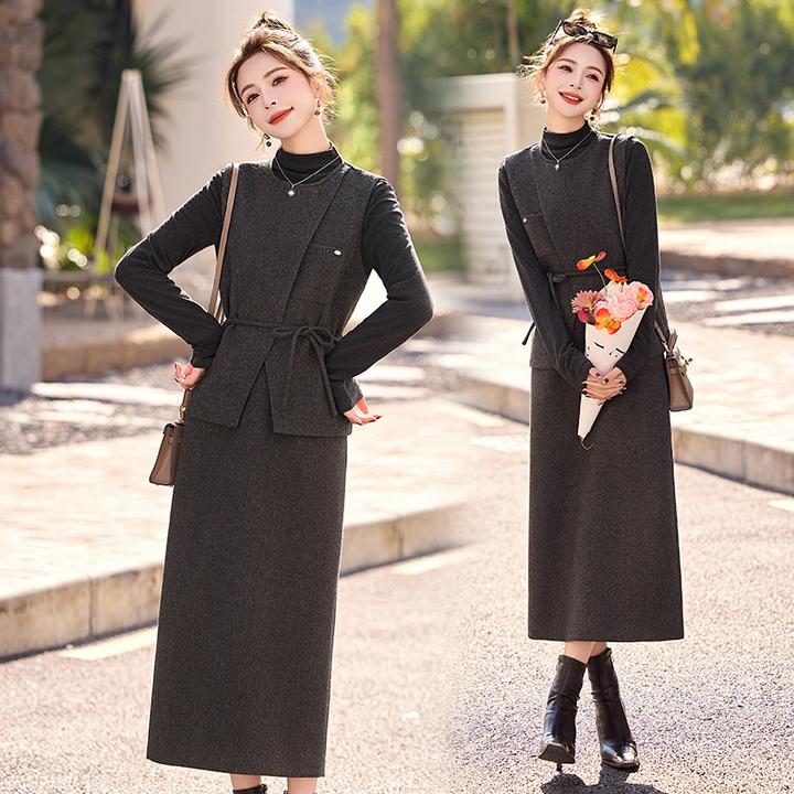 高级感灰色毛呢马甲半身裙套装女秋冬季韩系轻熟风优雅气质三件套