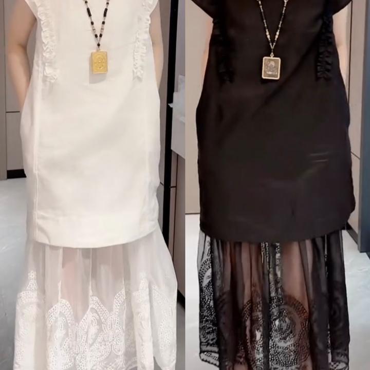 夏季新款重工法式木耳边蕾丝镂空连衣裙时尚洋气拼接短袖中长裙