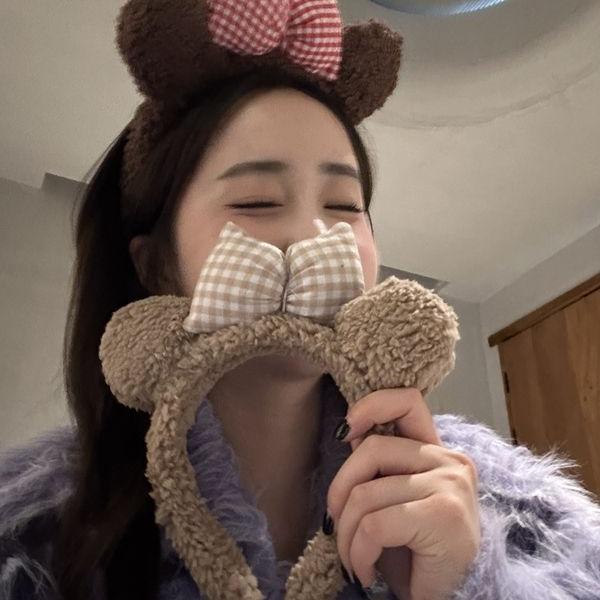 小熊耳朵格子蝴蝶结发箍可爱秋冬毛绒洗脸化妆敷面膜头箍发饰ins