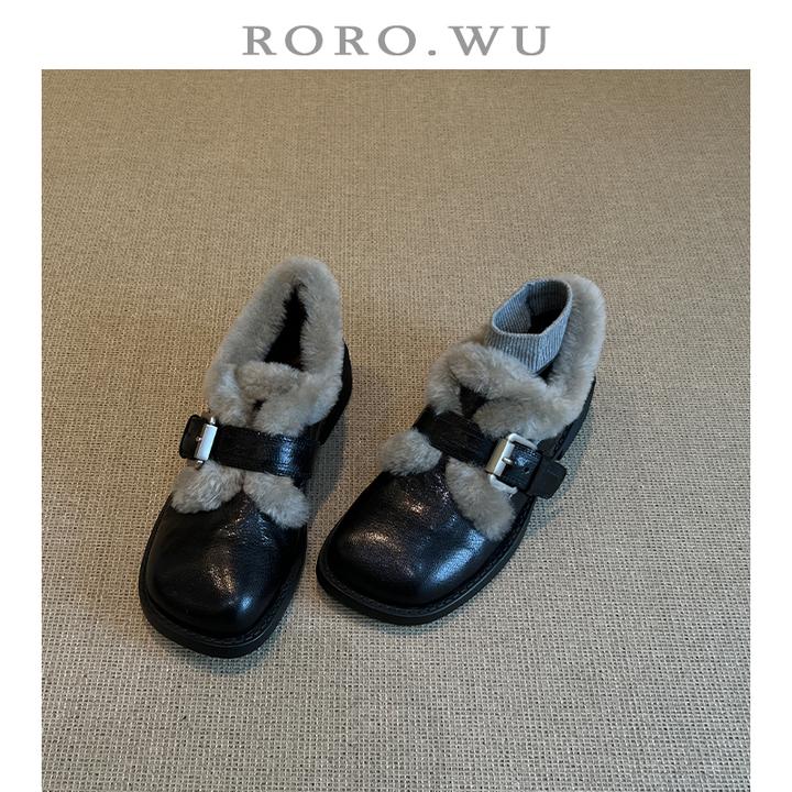 娆娆吴·头层羊皮复古加绒保暖皮带扣毛毛鞋冬季新款深口单鞋女X35