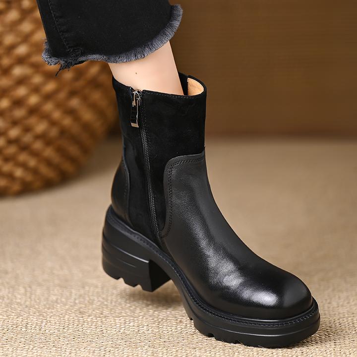 5厘米真皮厚底粗跟短靴女秋冬新款加绒防滑中跟短筒马丁靴不累脚