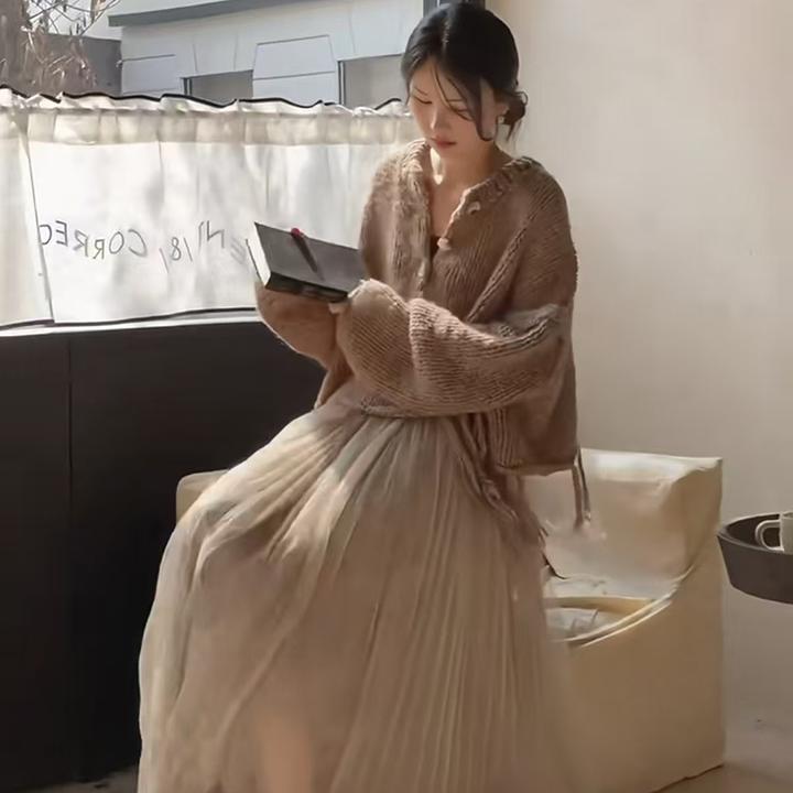 【B Y】慵懒风时尚宽松长袖针织毛衣温柔重工内搭性感蕾丝宽松半裙