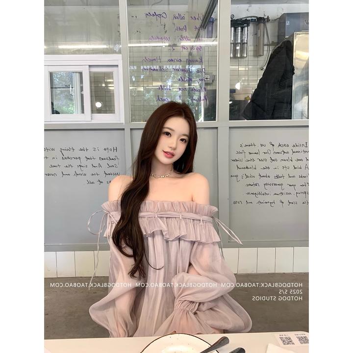 【烟雨雾紫】甜美温柔气质一字肩长袖连衣裙短裙